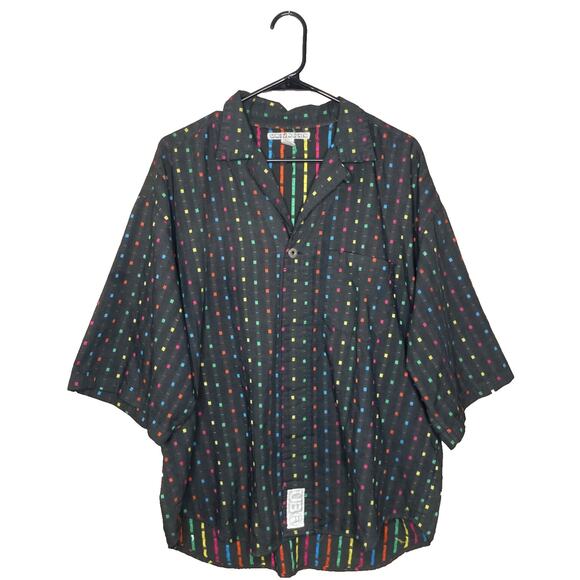 Vintage Unionbay Shirt Men's Rainbow Stripe Black Button-Up XL 80s Bowling Rave - Picture 1 of 6